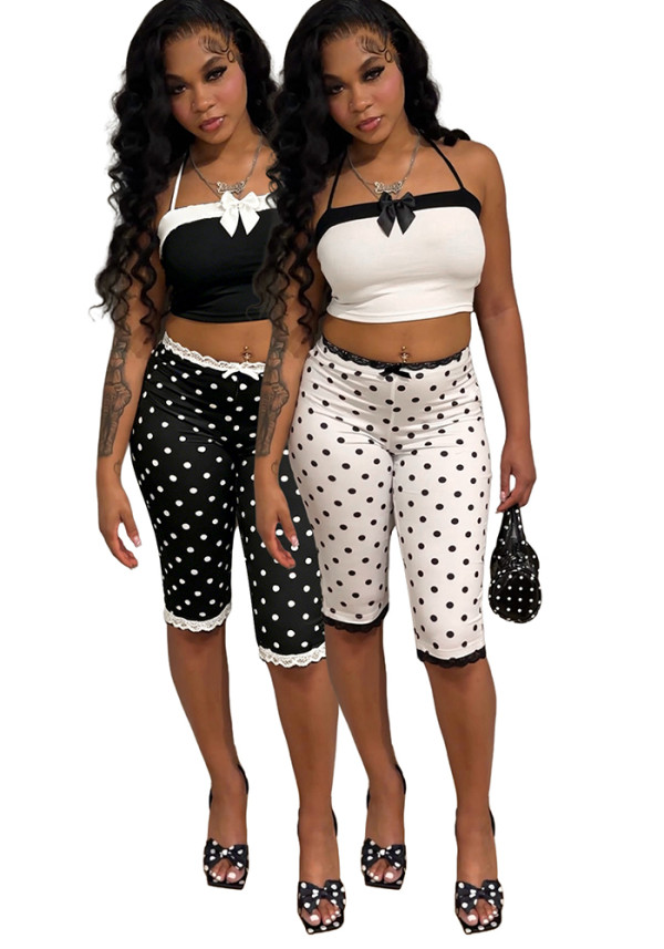 Women Bow Spaghetti Strap Top and Printed Lace Knee-Length Shorts Two Piece Set