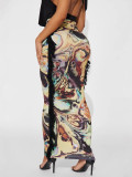 Women Spring Summer Fringe Trim Printed Sexy Midi Skirt