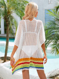 Women Summer Hollow Knit Long Sleeve Sunscreen Beach Cover-Up Top