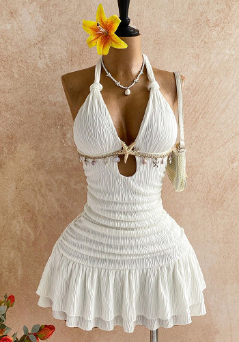 Women Holiday Halter Neck Backless Lace-Up Sexy Dress