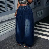 Plus Size Women Ruched Elastic Lantern Denim Wide Leg Pants