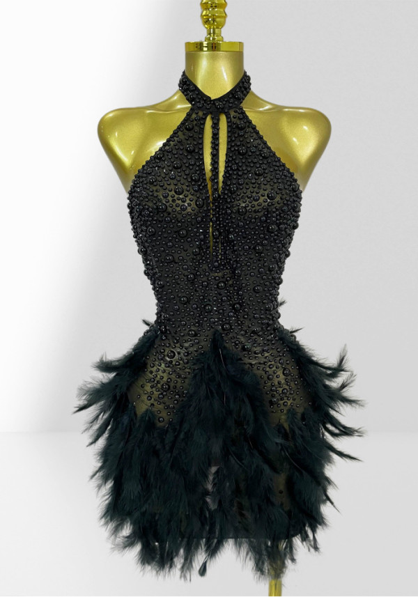 Women Beaded Feather Sexy Sleeveless Dress