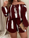 Summer Plus Size White Black Printed Printed Off Shoulder Long Sleeve Two Piece Shorts Set