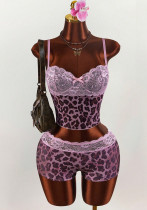 Women Leopard Print Sexy Lace Patchwork Cami Top and Shorts Two Piece Set