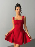Women Square Neck Sleeveless Red Mini Dress