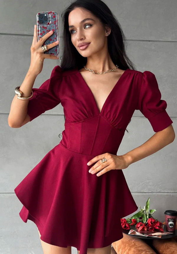 Women Summer V Neck Lantern Sleeve Dress