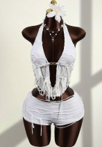 Women Sexy Holiday Halter Neck Lace-Up Backless Tank Top and Shorts Two Piece Set
