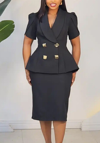 Plus Size African Women Summer Elegant Turndown Collar Top and Skirt Two Piece Set