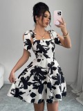 Women French Style Spaghetti Strap Black Printed Tie Waist Dress