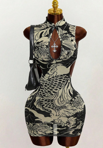 Women Mesh See-Through Sleeveless Backless Hollow Out Stretchy Bodycon Dress