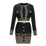 Women Metal Button Long Sleeve Top and Skirt Two Piece Set