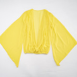 Women Summer Chiffon Hollow Out V Neck Bell Sleeve Long Sleeve Top and Shorts Two Piece Set
