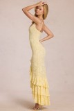 Women Summer Sexy Lace Split Ruffle Backless Spaghetti Strap Dress
