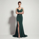 Women Spaghetti Strap V Neck Backless Split Sexy Evening Dress