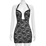 Women Spring Summer Sexy Lace Halter Neck Mini Bodycon Dress