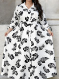 Plus Size Women Long Sleeve Printed Turndown Collar Shirt Dress