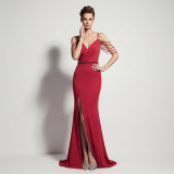 Women Spaghetti Strap V Neck Backless Split Sexy Evening Dress