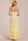 Women Summer Sexy Lace Split Ruffle Backless Spaghetti Strap Dress