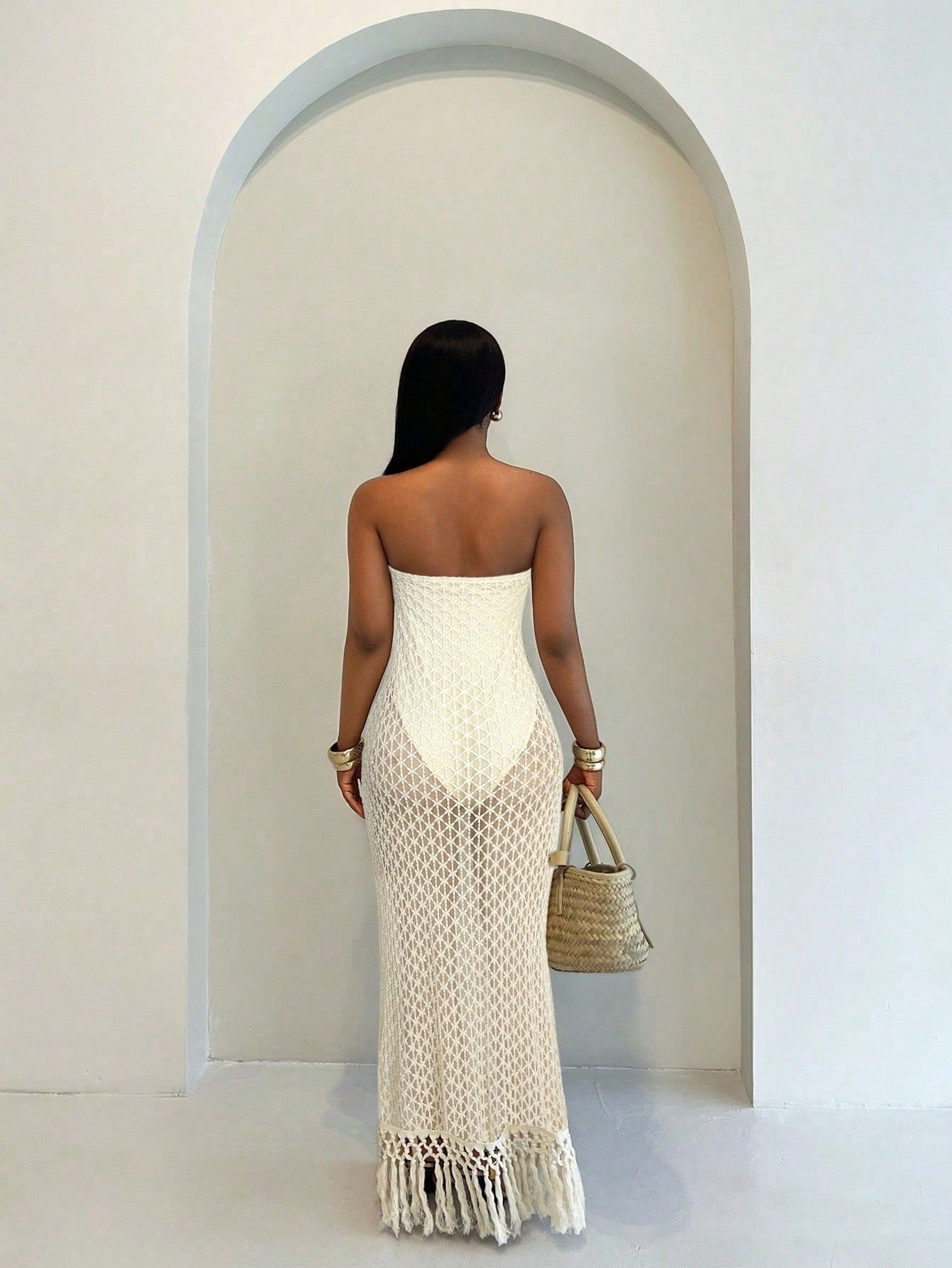 Hollow-Out Fringe Strapless Bodycon Dress for Holiday Parties
