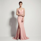 Women Spaghetti Strap V Neck Backless Split Sexy Evening Dress