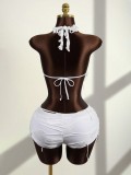 Women Sexy Holiday Halter Neck Lace-Up Backless Tank Top and Shorts Two Piece Set