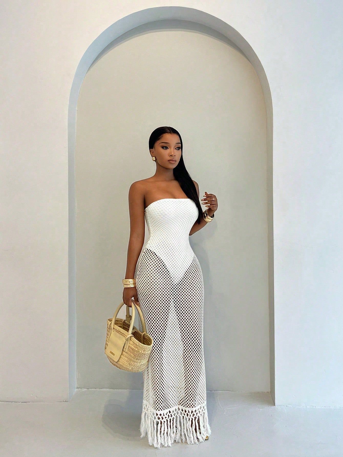 Hollow-Out Fringe Strapless Bodycon Dress for Holiday Parties