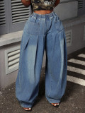 Plus Size Women Ruched Elastic Lantern Denim Wide Leg Pants