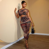Women Casual Printed Round Neck Short Sleeve Top and Skirt Two Piece Set