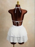 Women Sexy Halter Neck Lace-Up Multi-Layer Backless Holiday Dress