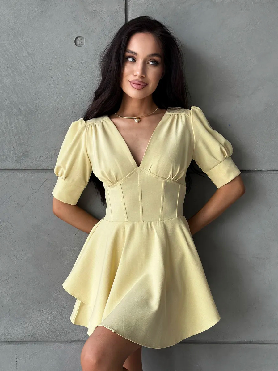 V-Neck Lantern Sleeve Dress for Summer Casual Wear