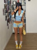 Women Color Block Casual Letter Printed Sleeveless Turndown Collar Zipper Top and Lace-Up Shorts Two Piece Set