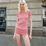 Women Spring Plaid Round Neck Short Sleeve T-Shirt and Shorts Two Piece Set