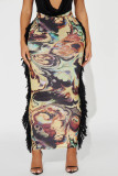 Women Spring Summer Fringe Trim Printed Sexy Midi Skirt