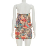 Women Summer Printed Sleeveless Strapless Ruched Bodycon Dress