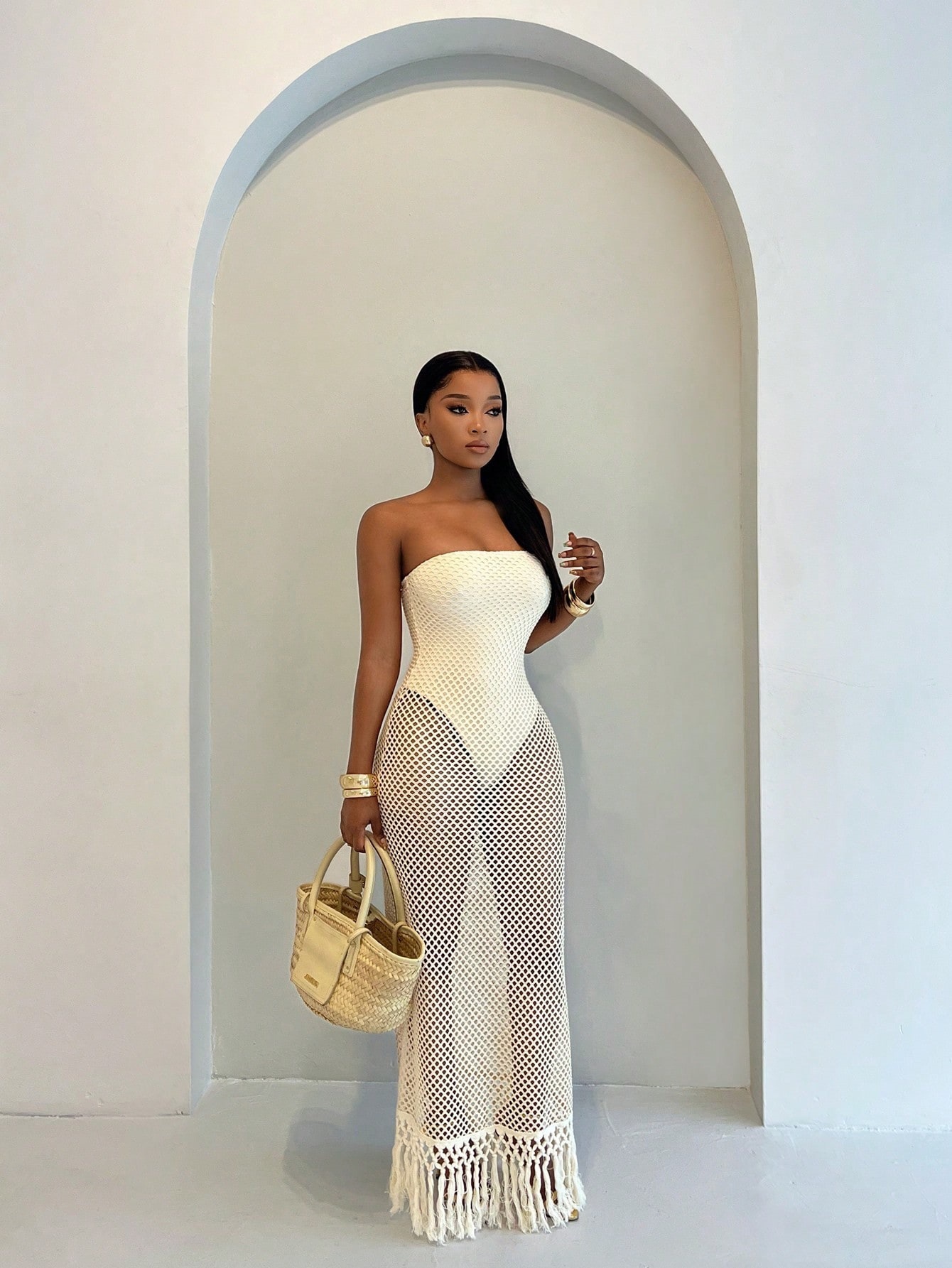 Hollow-Out Fringe Strapless Bodycon Dress for Holiday Parties