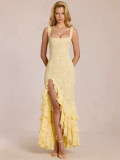 Women Summer Sexy Lace Split Ruffle Backless Spaghetti Strap Dress