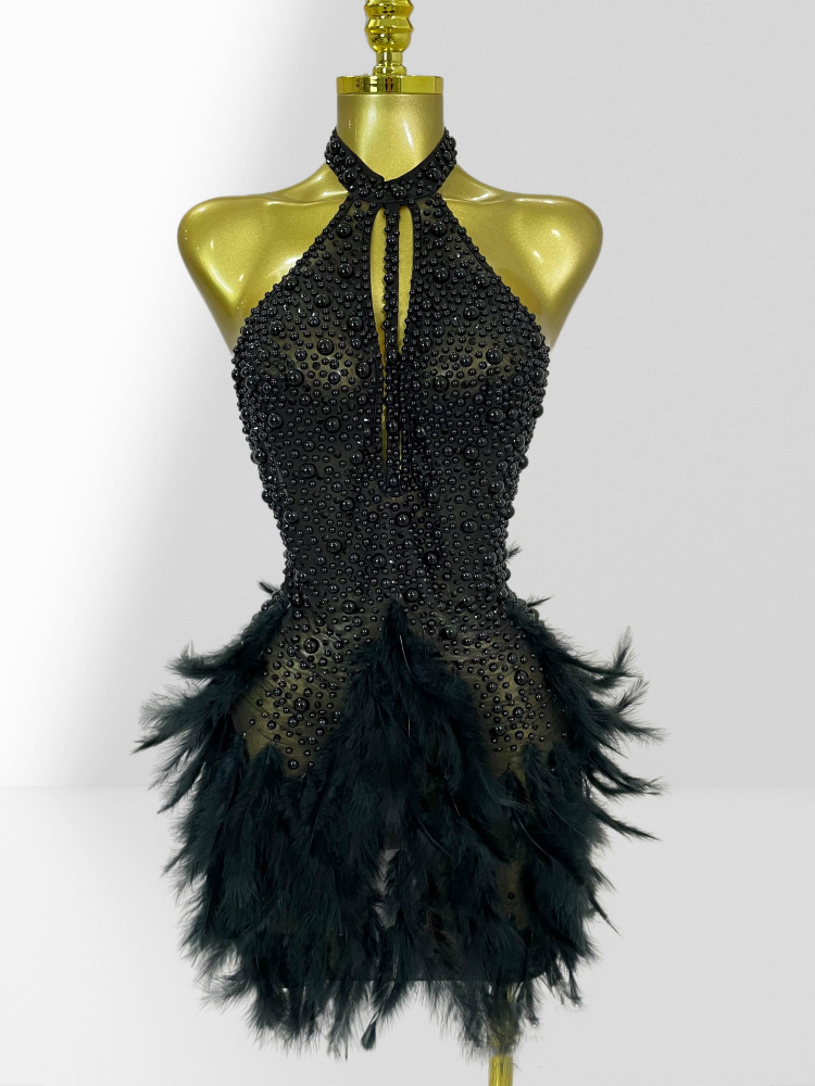 Beaded Feather Sleeveless Dress for Evening Parties