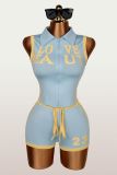 Women Color Block Casual Letter Printed Sleeveless Turndown Collar Zipper Top and Lace-Up Shorts Two Piece Set