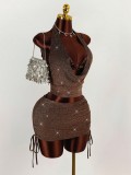 Women Sexy Backless Halter Neck Top and Skirt Set