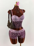 Women Leopard Print Sexy Lace Patchwork Cami Top and Shorts Two Piece Set