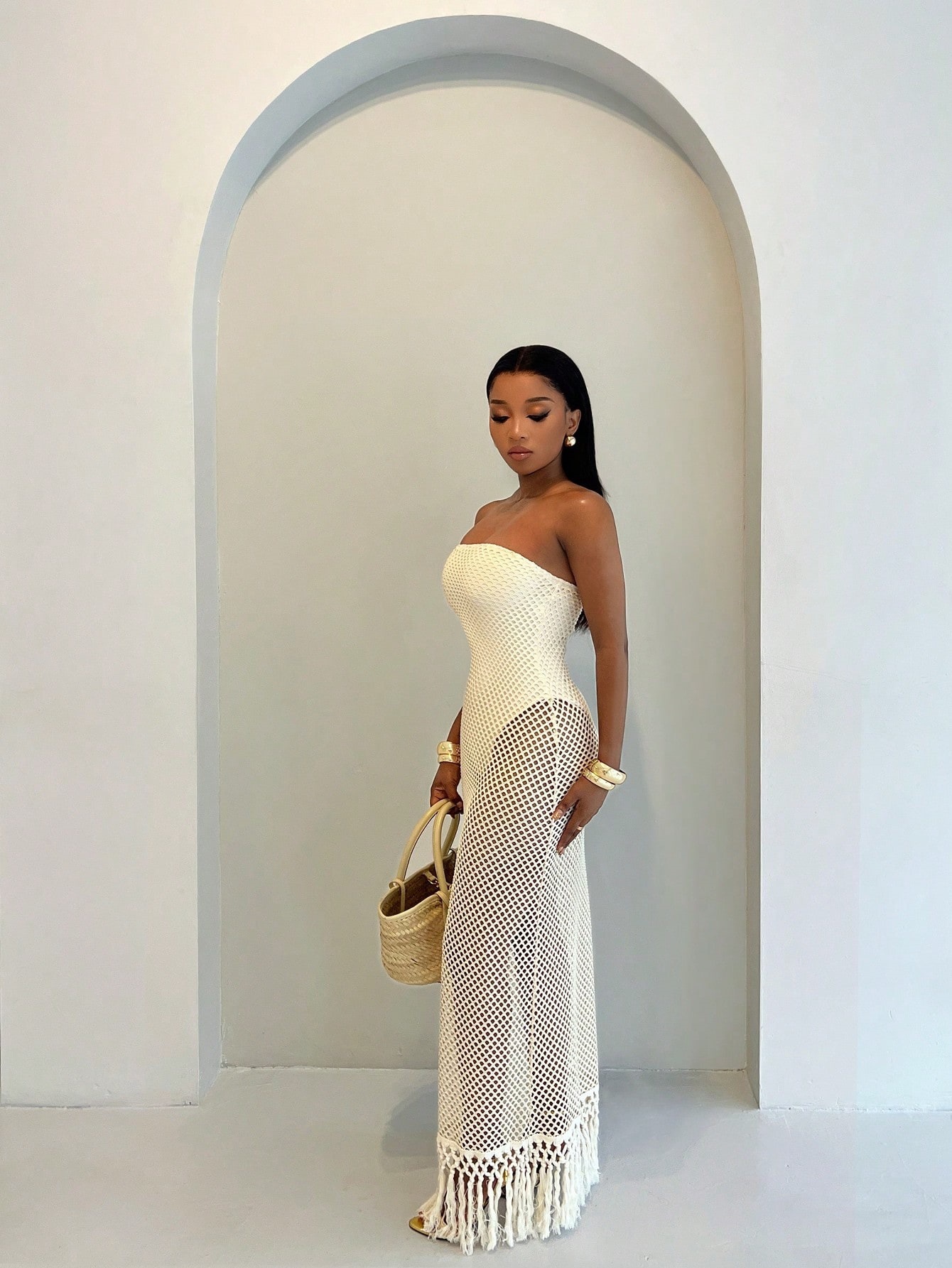 Hollow-Out Fringe Strapless Bodycon Dress for Holiday Parties