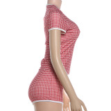 Women Spring Plaid Round Neck Short Sleeve T-Shirt and Shorts Two Piece Set