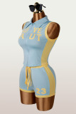 Women Color Block Casual Letter Printed Sleeveless Turndown Collar Zipper Top and Lace-Up Shorts Two Piece Set