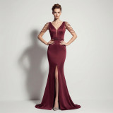 Women Sexy Deep V-Neck Tassel Shoulder High Split Mermaid Formal Party Long Dress
