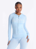 Women Solid Color Letter Print Stretch Sports Zip Hooded Top & Pants Set