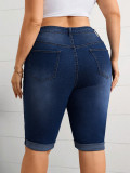 Women Plus Size Mid Waist Slim Fit Washed Blue Stretch Denim Knee-Length Shorts