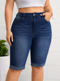 Women Plus Size Mid Waist Slim Fit Washed Blue Stretch Denim Knee-Length Shorts