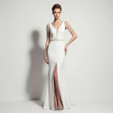 Women Sexy Deep V-Neck Tassel Shoulder High Split Mermaid Formal Party Long Dress