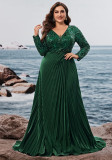 Women V-Neck Pleated Ball Gown Elegant Long Sleeve Sequin Plus Size Split Applique Evening Dress