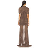 Summer Women Solid Color Mesh Patchwork Short Sleeve Ruched Train Fitted Long Dress